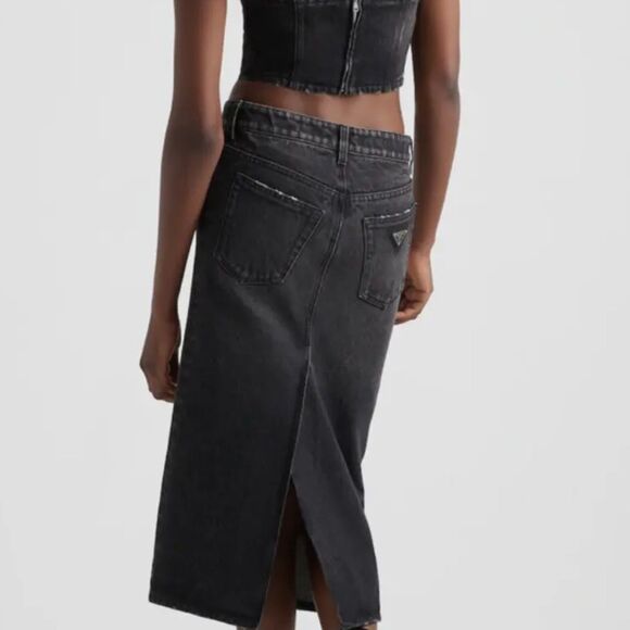 Prada Black Long Denim Midi Skirt Button Fly Size 4 US EUC - Picture 3 of 16